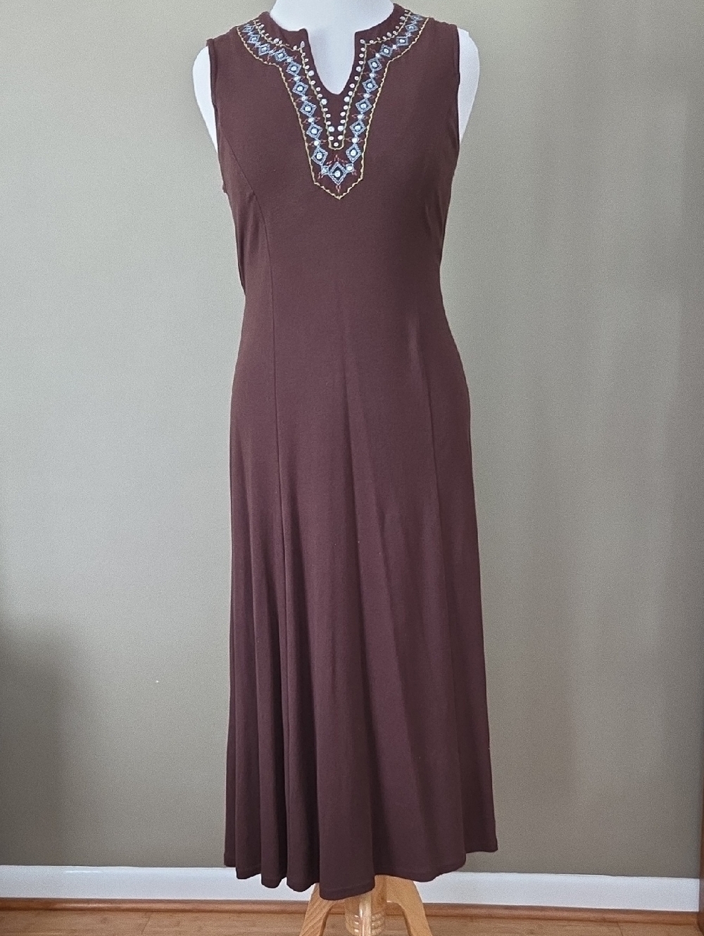 Coldwater Creek Brown Sleeveless Maxi Dress with Embroidered V-Neck